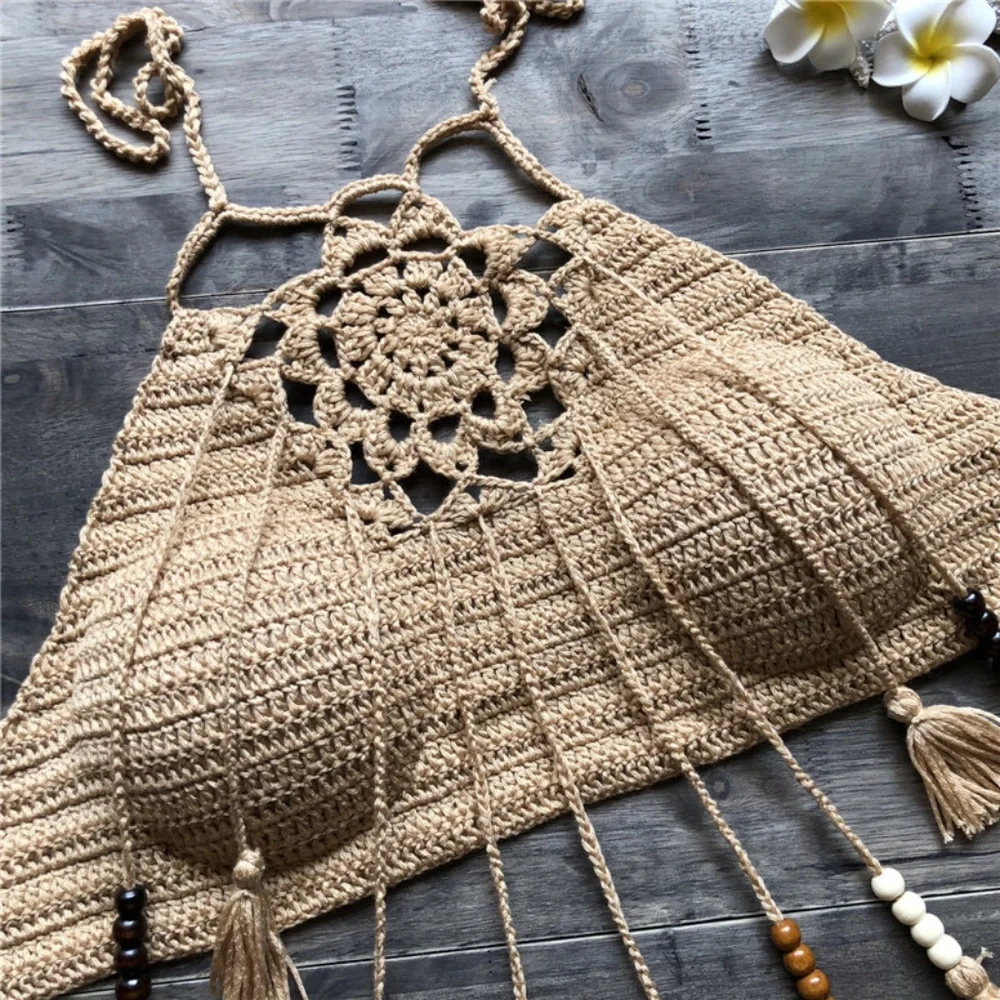 Bohemian Crochet Tassel Beaded Floral Crop Top - Picture 6 of 16